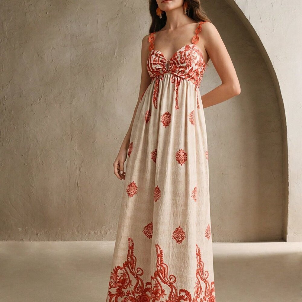 Burnt Orange Boho Women's V-Neck Contrast Print Beach Dress - Picture 4 of 6